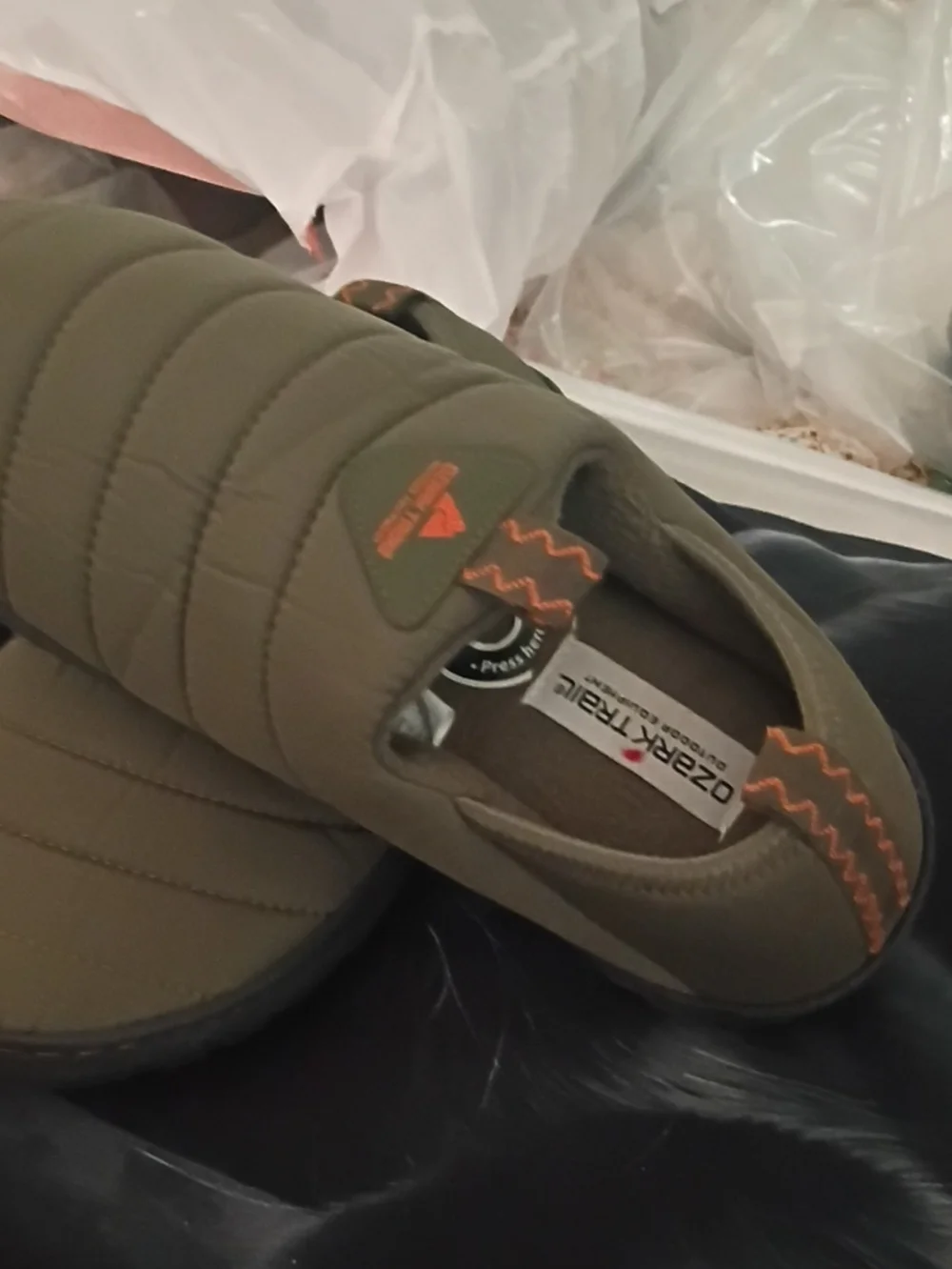 Ozark Trail Olive Green Quilted Slip-On Loafers with Orange Accents